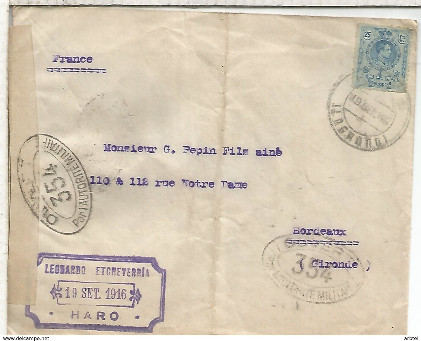 HARO LA RIOJA  CC  A BURDEOS 1916 CON CENSURA MILITAR FRANCESA - Cartas & Documentos