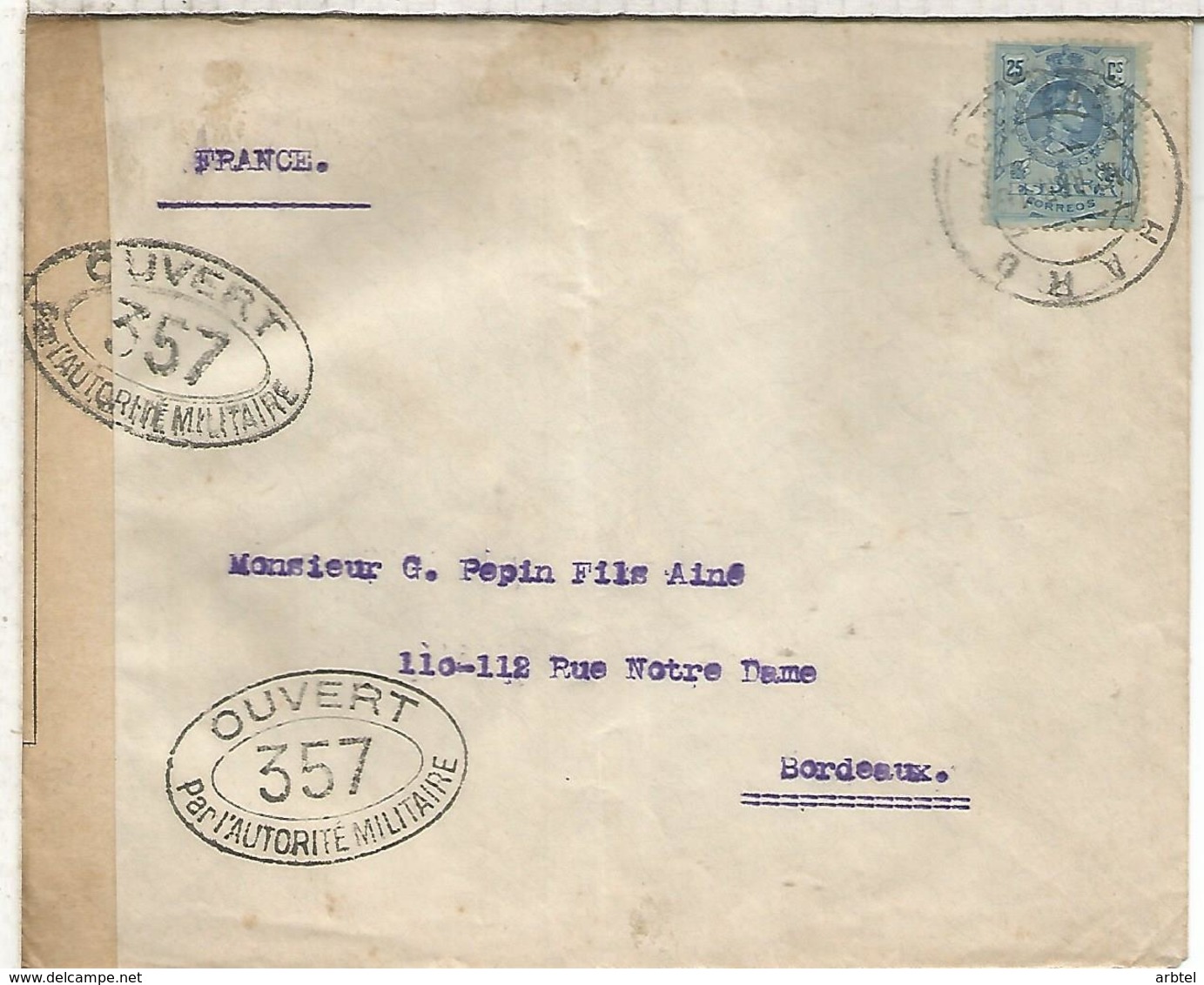 HARO LA RIOJA  CC  A BURDEOS 1916 CON CENSURA MILITAR FRANCESA - Cartas & Documentos
