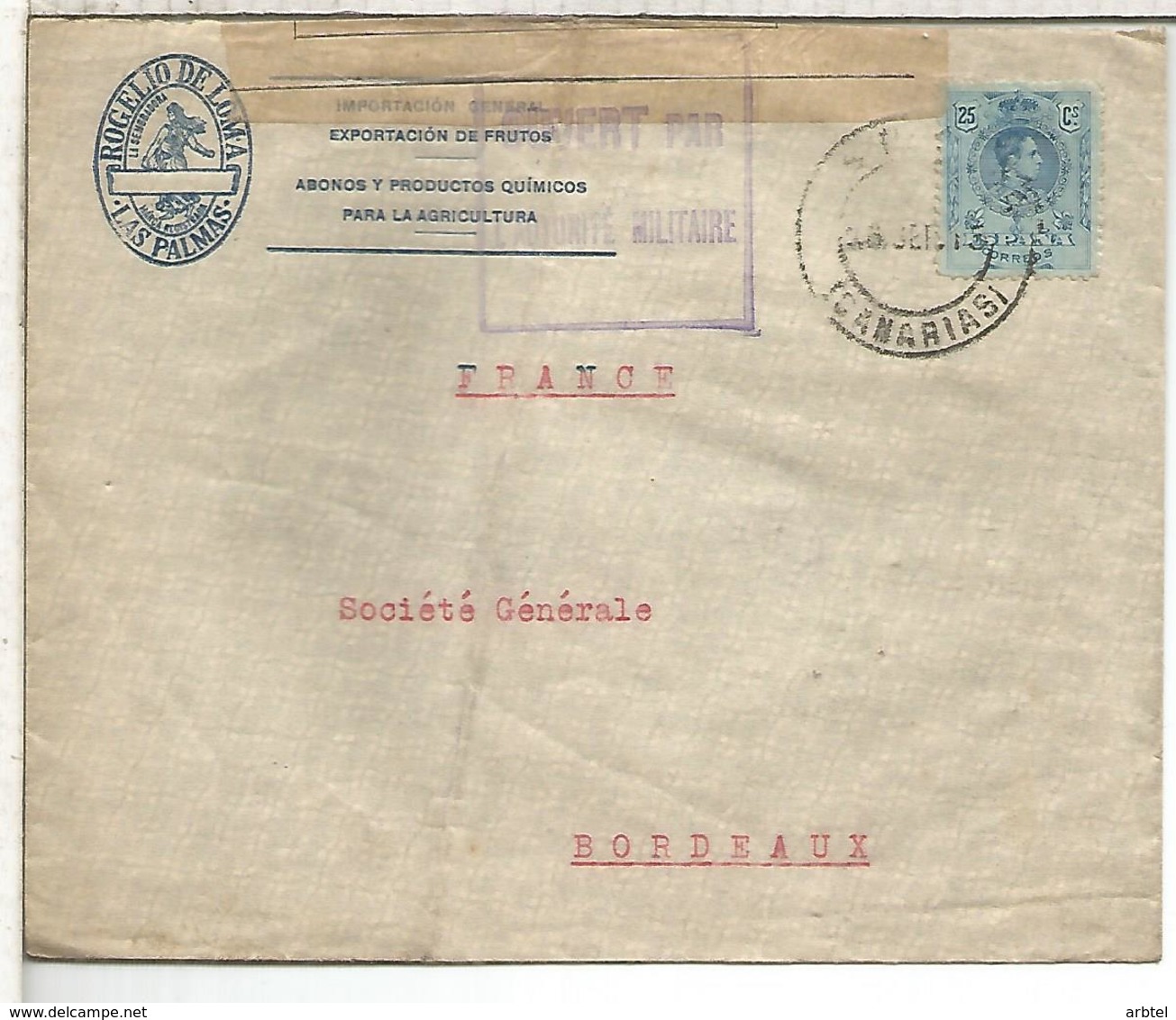 LAS PALMAS CANARIAS   CC  A BURDEOS 1916 CON CENSURA MILITAR FRANCESA - Cartas & Documentos