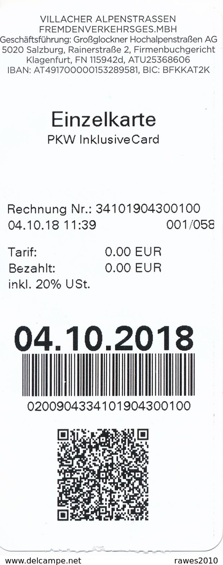 Österreich Villach Villacher Alpenstrasse Dobratsch Eintrittskarte / Einzelkarte 2018 - Tickets - Vouchers