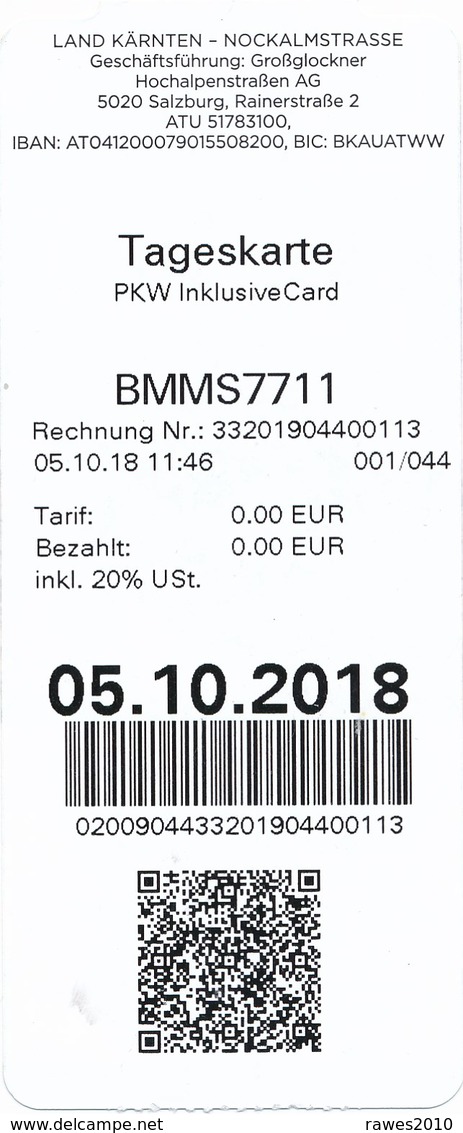 Österreich Kärnten Nockalmstrasse Eintrittskarte / Tageskarte 2018 - Tickets - Vouchers