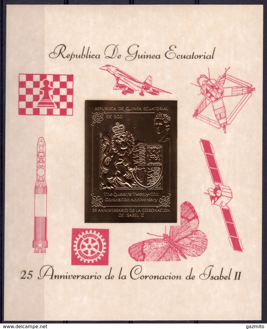 Guinea Equat. 1980, Coronation, GOLD, Red Overpr. Chess, Butterfly, Space, Rotary, Concorde, BF - Equatorial Guinea