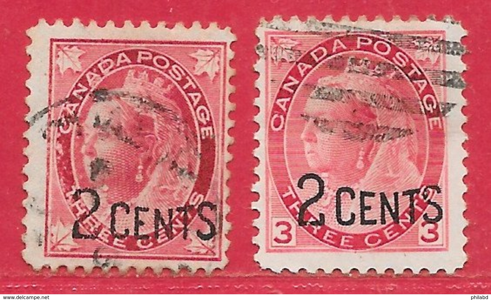 Canada N°76 & N°77 2c Sur 3c Carmin 1899 O - Used Stamps