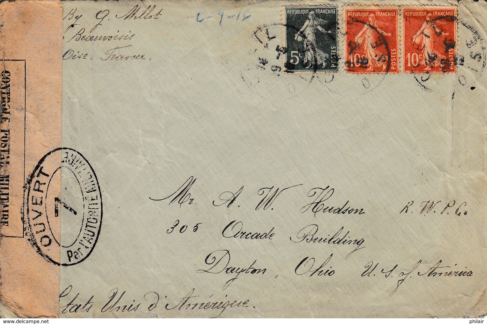 Lettre Creil Pour Dayton, USA, Juillet 1916, Censure Française - 1877-1920: Période Semi Moderne