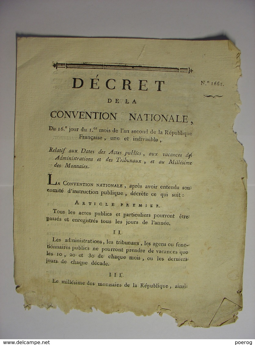 DECRET CONVENTION NATIONALE DE 1793 - VACANCES DES ADMINISTRATIONS TRIBUNAUX MILLESIME DES MONNAIES DATES ACTES PUBLICS - Decrees & Laws