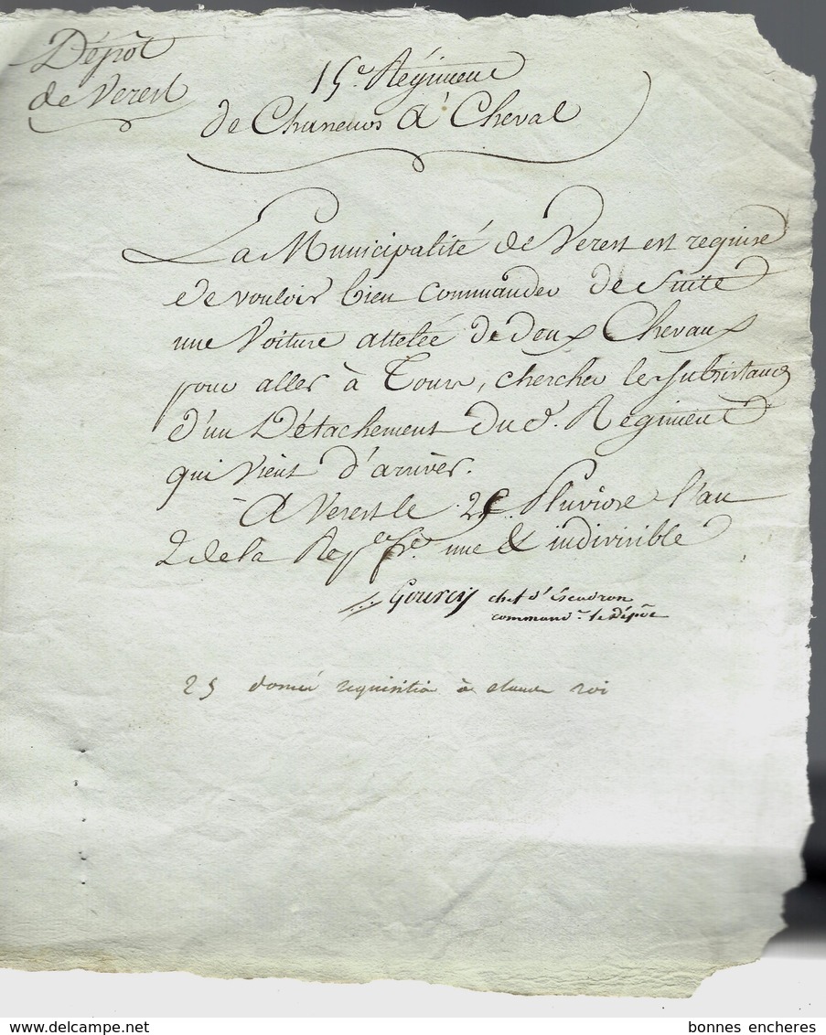 1794 REVOLUTION LETTRE COMPLETE ET SIGNEE Sign. Maçonnique REGIMENT DE CHASSEURS A CHEVAL REQUISITION V.SCANS - Manoscritti