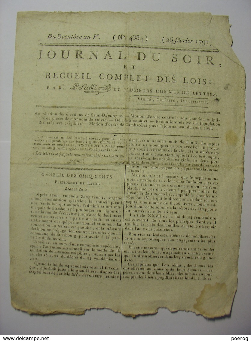 JOURNAL DU SOIR Du 26 FEVRIER 1797 - ELECTIONS SAINT DOMINGUE - PIECES DE MONNAIE DE CUIVRE - CAMBACERES CODE CIVIL - Décrets & Lois