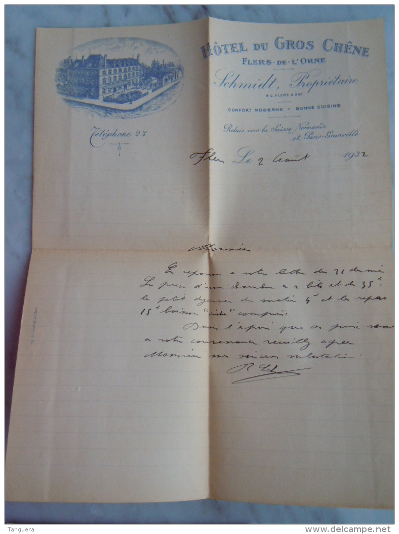 1932 Lettre + Enveloppe + Carte De Visite Hôtel Du Gros Chêne Flers-de-l'Orne -&gt; Armentières Yv 199 - 1900 – 1949