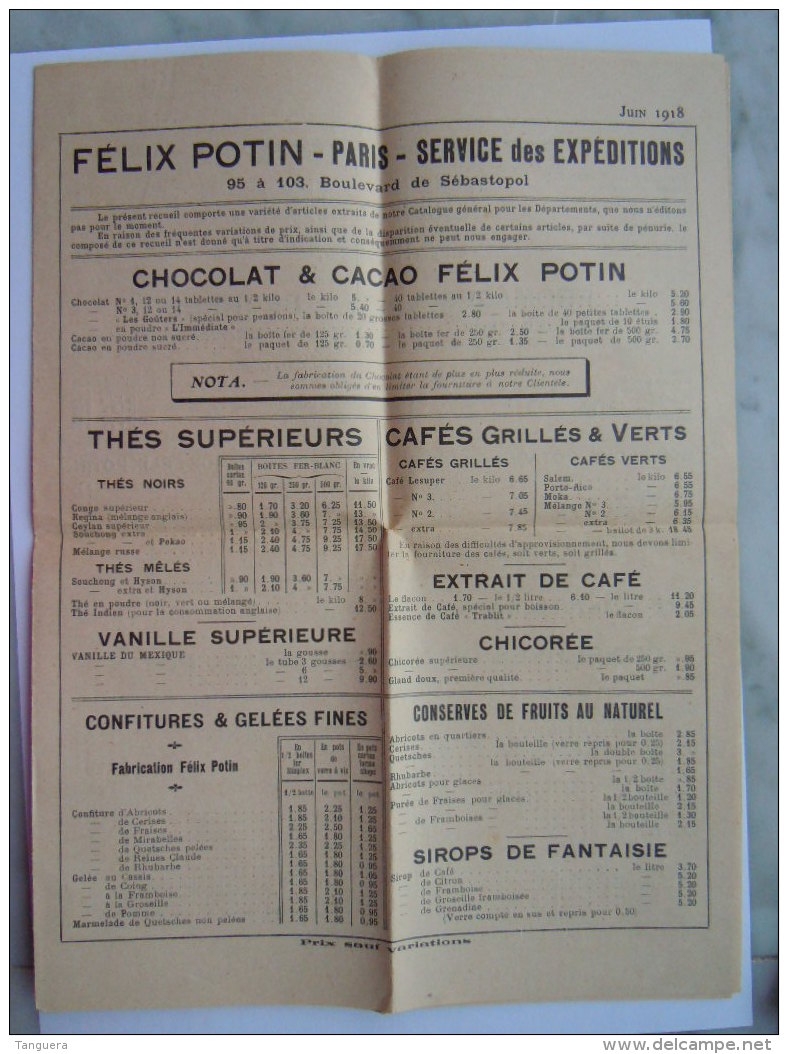Juin 1918 Felix Potin - Paris Liste De Prix De Nourriture, Vins Parfumerie Etc. 4 Pages - 1900 – 1949