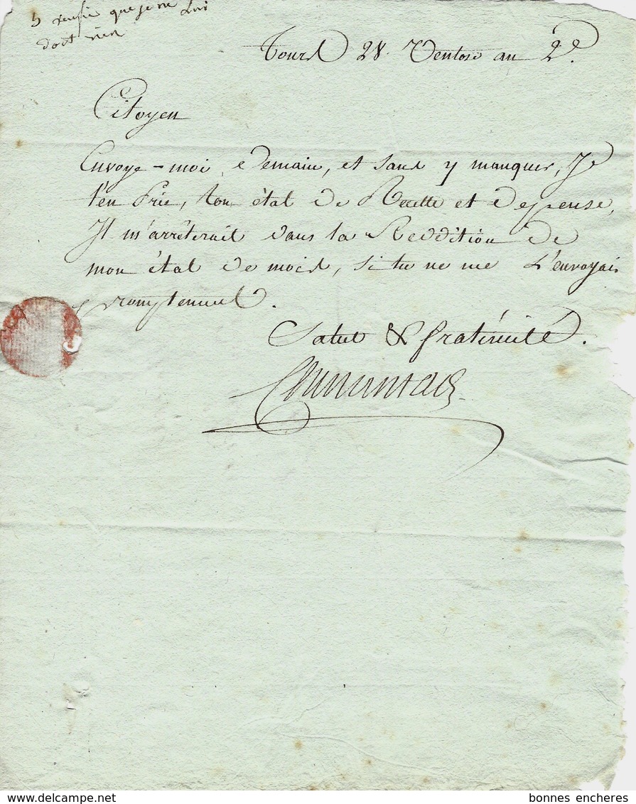 1794 REVOLUTION LETTRE COMPLETE ET SIGNEE Tours Pour Veretz REDDITION DE COMPTES B.E.VOIR SCANS - Manuscritos