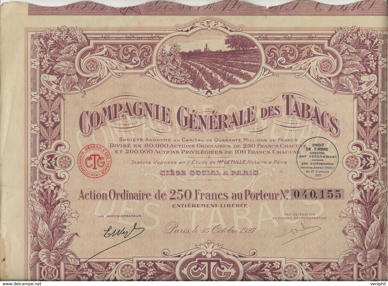 COMPAGNIE GENERALE DES TABACS - ACTION DE 250 FRS ANNEE 1927 - Andere & Zonder Classificatie