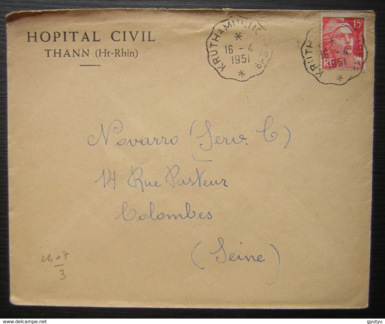 1950 Kruth à Mulhouse Sur Une Lettre à En Tête De L'Hôpital De Thann (haut Rhin) - Railway Post
