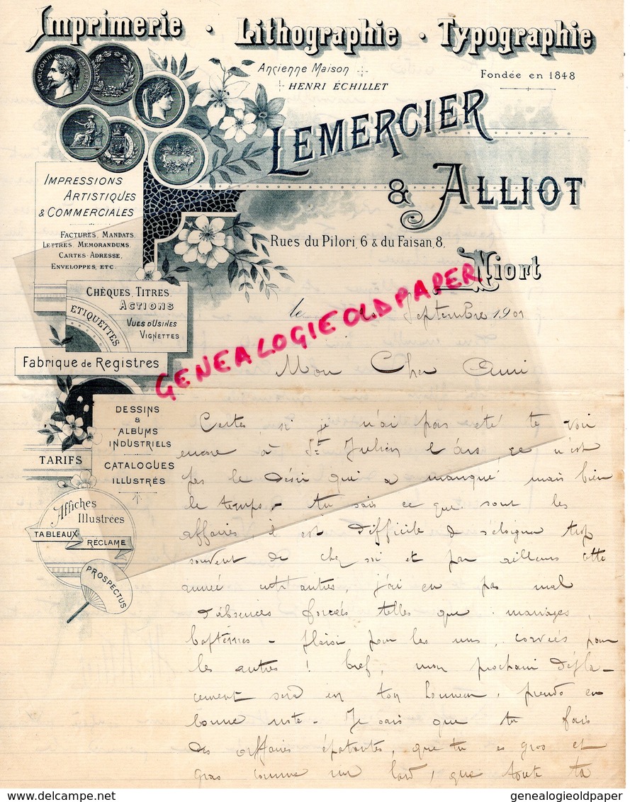 79- NIORT- RARE LETTRE MANUSCRITE SIGNEE LEMERCIER & ALLIOT-IMPRIMERIE LITHOGRAPHIE TYPOGRAPHIE-HENRI ECHILLET-1901 - Druck & Papierwaren