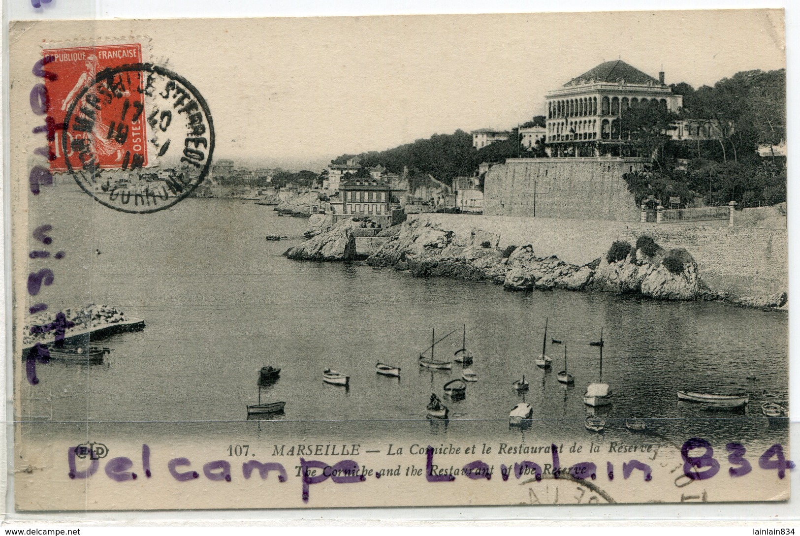 - 107 - MARSEILLE  - La  Corniche, Et Le Restaurant  De La Réserve, Cliché Peu Courante, écrite, BE, 1919, Scans. - Endoume, Roucas, Corniche, Plages