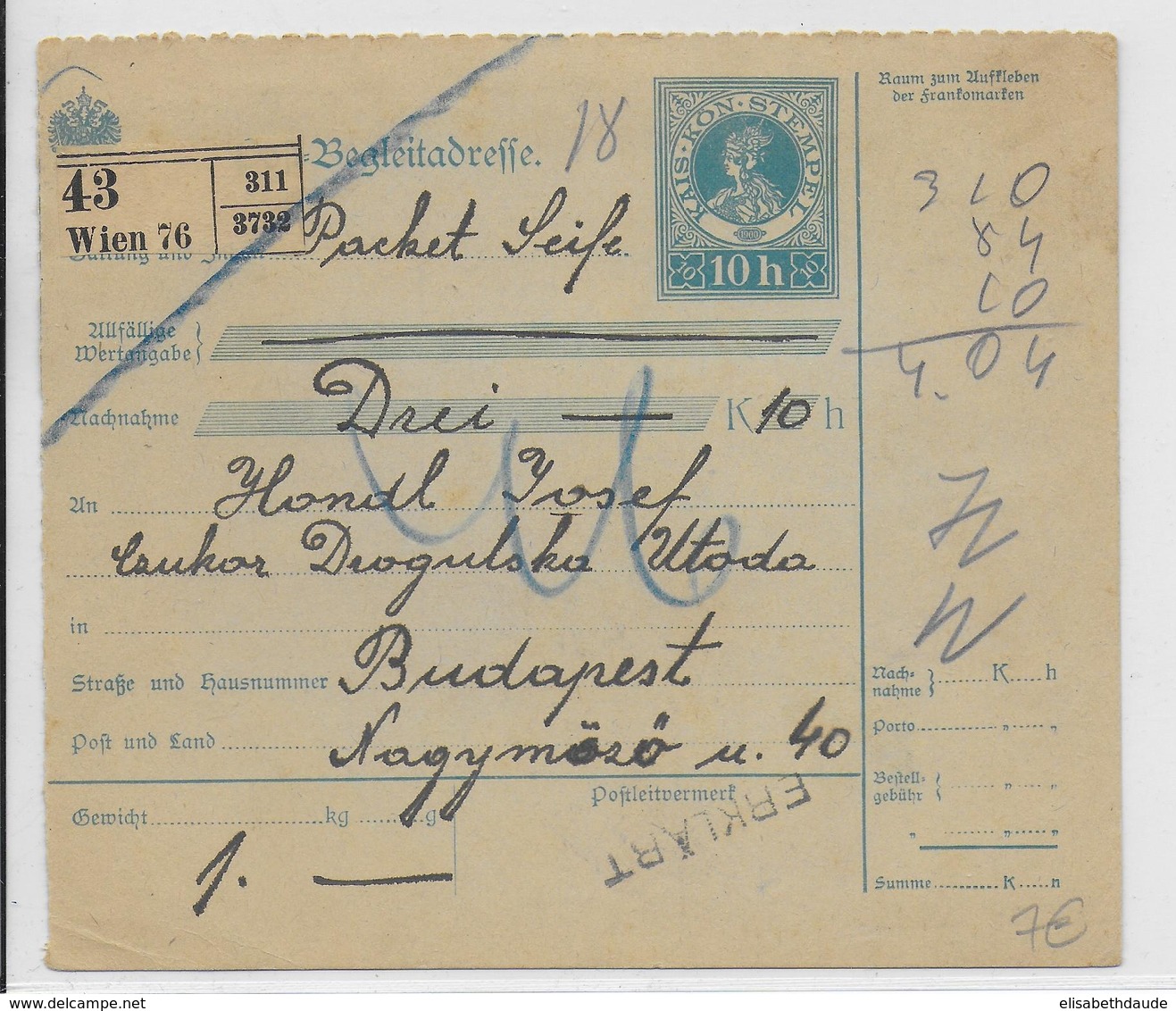 AUTRICHE - 1919 - CARTE COLIS POSTAL De WIEN => BUDAPEST - Covers & Documents