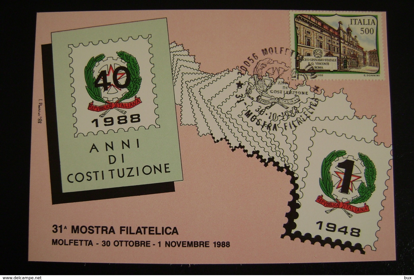 1988  31°  COSTITUZIONE  MOLFETTA  FDC MOSTRA FILATELICA FIRST DAY PREMIER JOUR MAXIMUM - Francobolli (rappresentazioni)