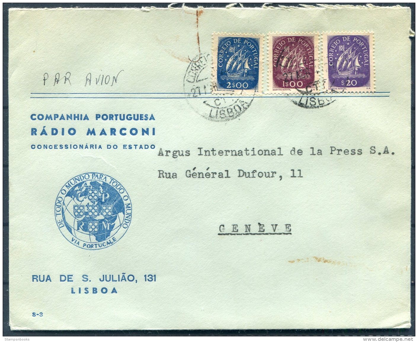 Portugal Radio Marconi Airmail Cover - Argus Press Agency, Geneva Switzerland - Covers & Documents
