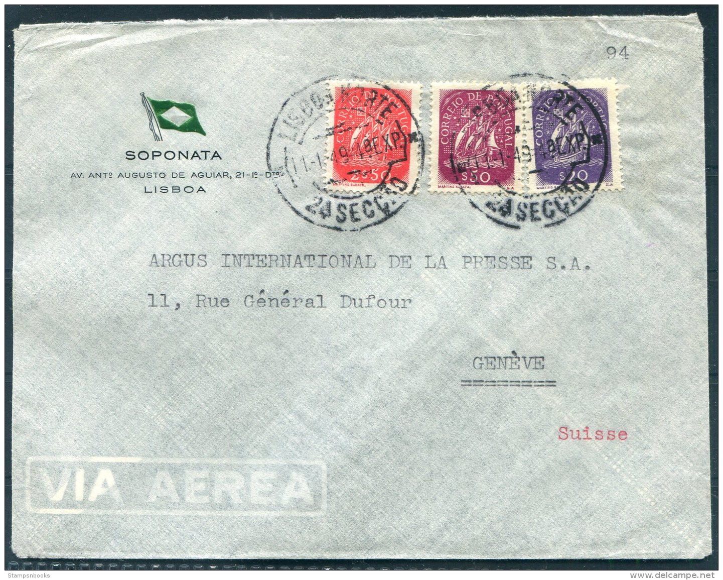 1949 Portugal Soponata Lisboa Airmail Cover - Argus Press Agency, Geneva Switzerland - Covers & Documents