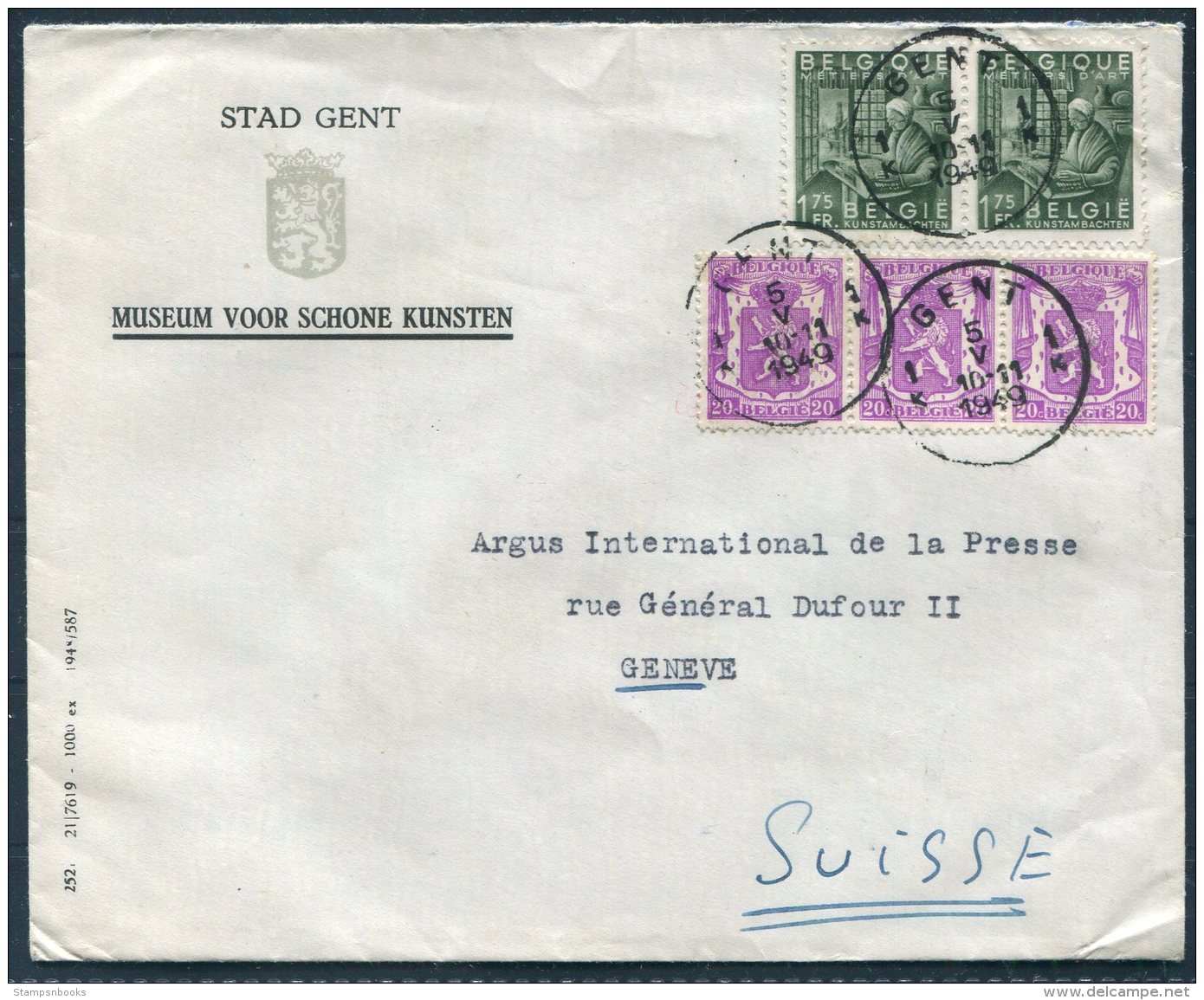 1949 Belgium Stad Gent Museum Voor Schone Kunsten Cover - Argus Press Agency, Geneva Switzerland. Fine Art - Covers & Documents