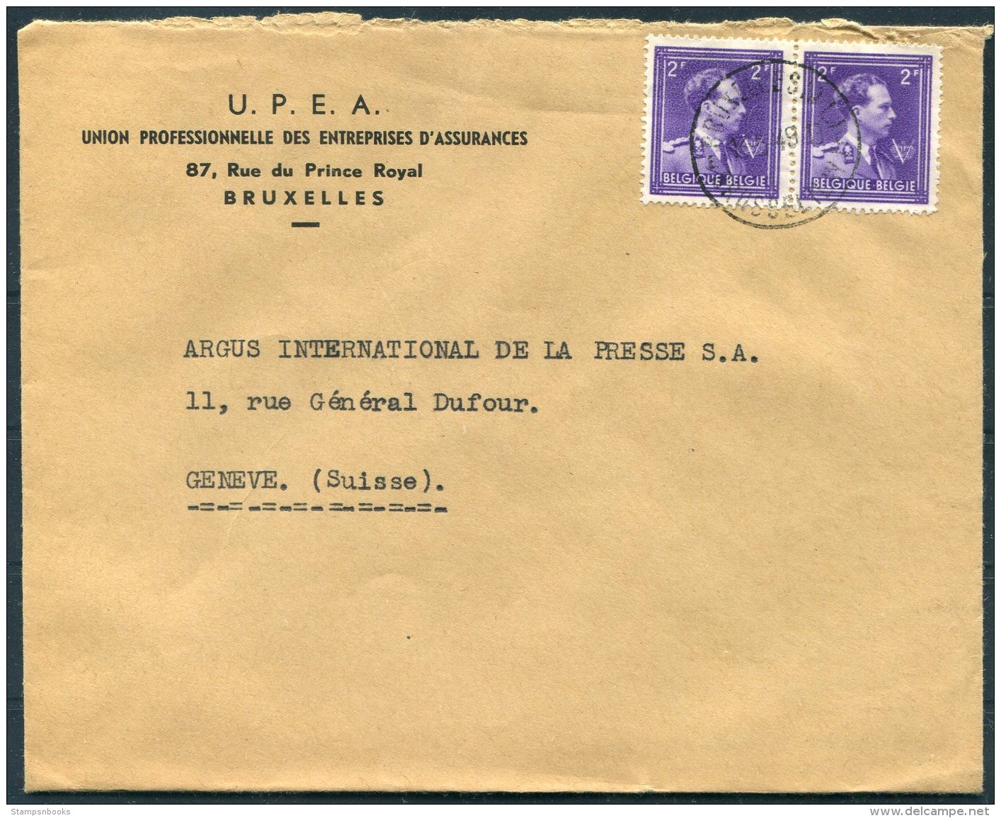 1949 Belgium U.P.E.A. Bruxelles  Cover - Argus Press Agency, Geneva Switzerland. - Covers & Documents