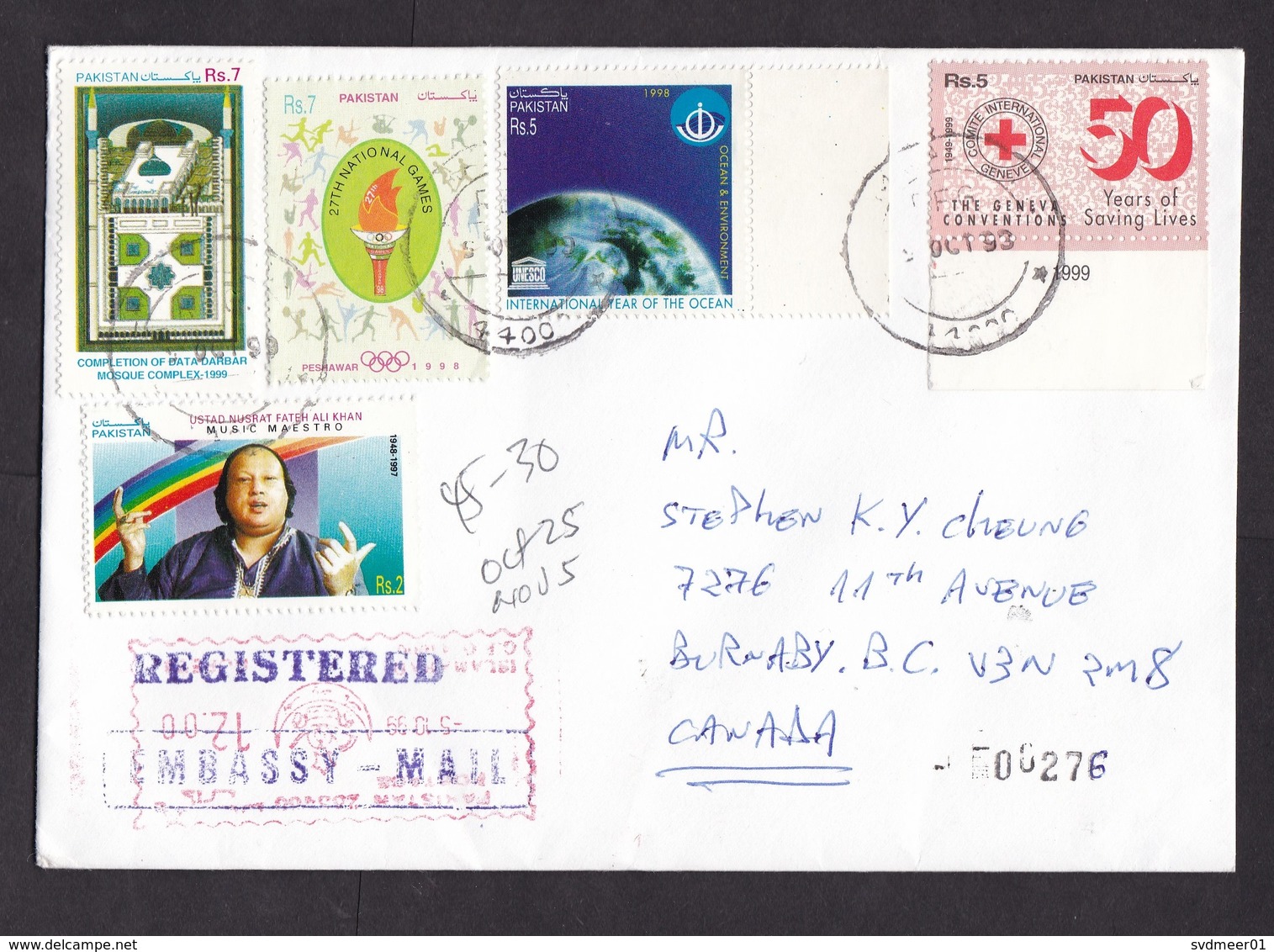 Pakistan: Registered Cover To Canada 1999, 5 Stamps, Music, Ocean, Red Cross, Notice Label, Embassy Spain (traces Of Use - Pakistan