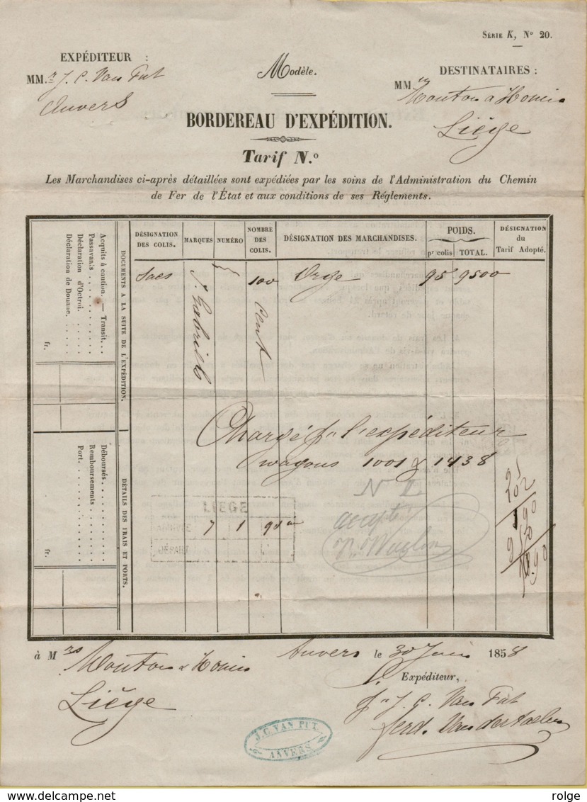 XXL-933  Invulstempel LIEGE Op BORDEREAU D'EXPEDITION 1858  Van Anvers Naar Liege - Documents & Fragments