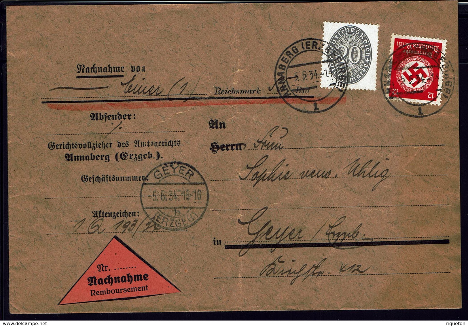 ALLEMAGNE - 1934 - Affr. Timbres De Service à 32 Pf Sur Enveloppe Contre Remboursement De Annaberg Pour Geyer - B/TB - - Lettres & Documents