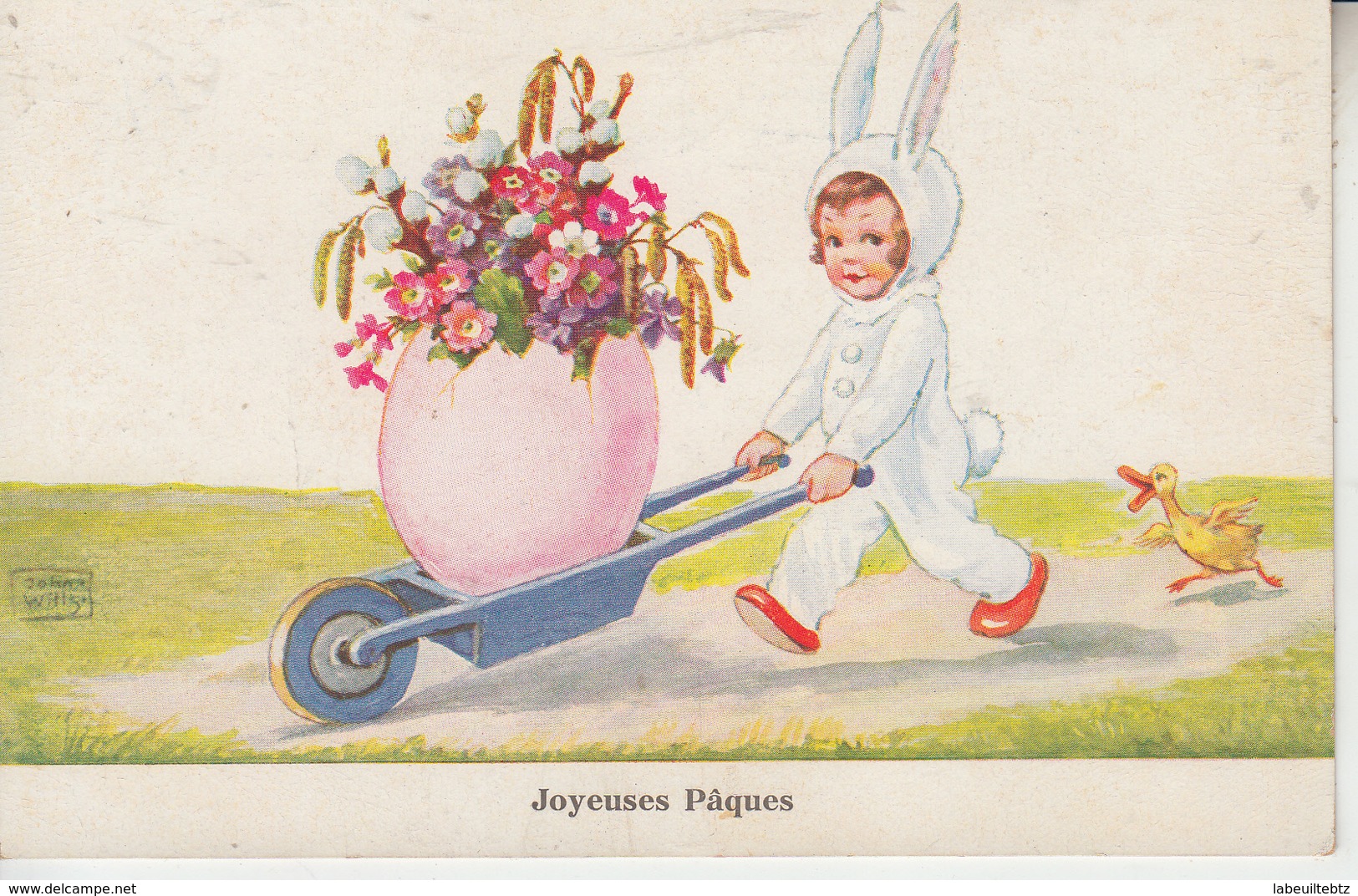 Joyeuses Pâques - Garçon Habillé En Lapin Brouette Oeufs Fleurs  (  Illustrateur )  PRIX FIXE - Wills, John
