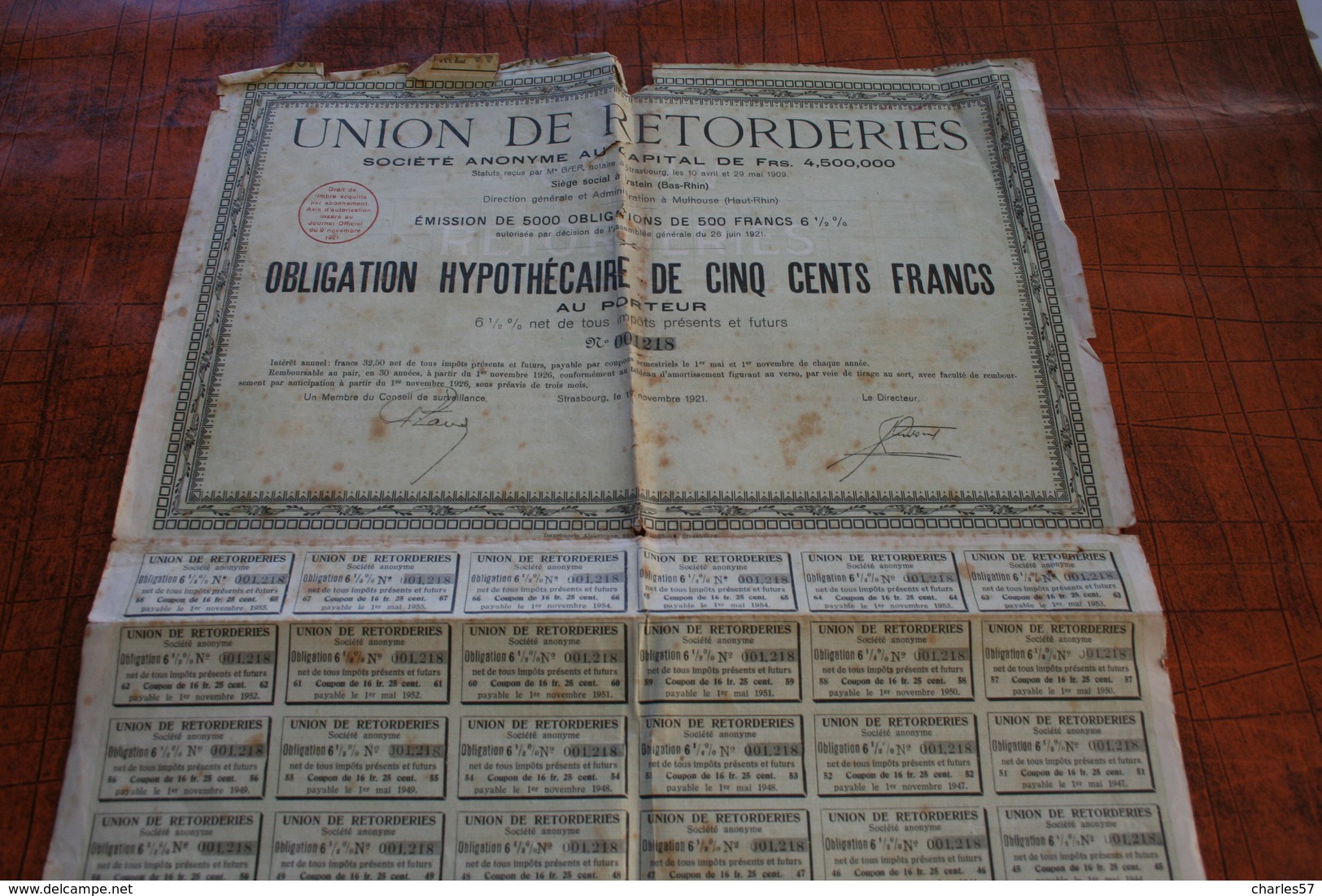 Union De Retorderies  (Obligation Hypothécaire De Cinq Cents Francs - A - C