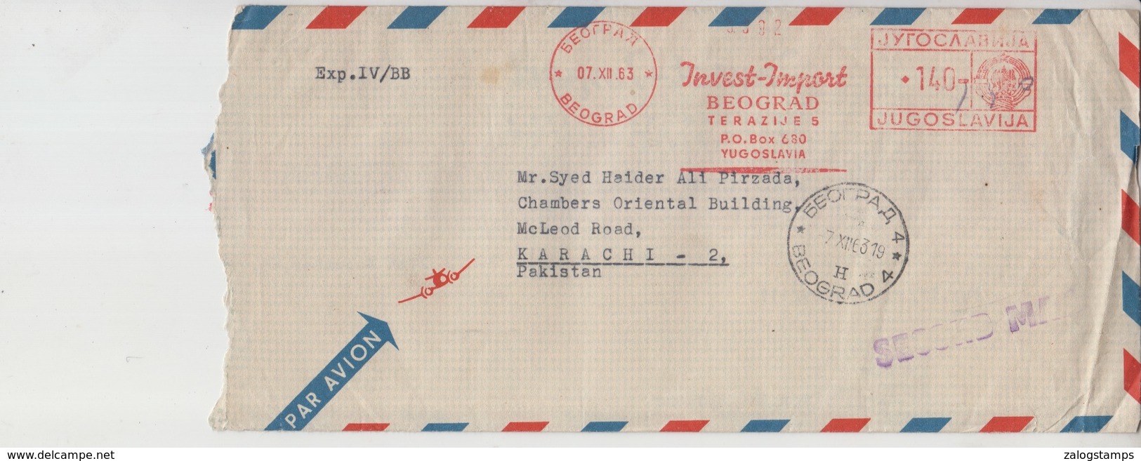 Yuguslovaia Air Mail Cover To Pakistan 1969 Meter Stamps   (Red-2355) - Covers & Documents