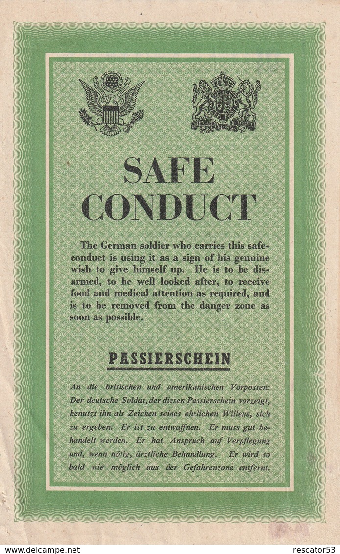 Rare Safe Conduct Anglais Allemand à L'usage Des Soldats Allemands Avant Le Débarquement De Normandie 1944 - 1939-45