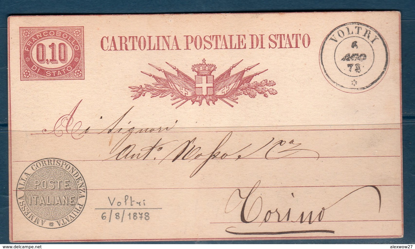 1878 Cartolina Postale Di Stato Da Voltri A Torino - Interi Postali