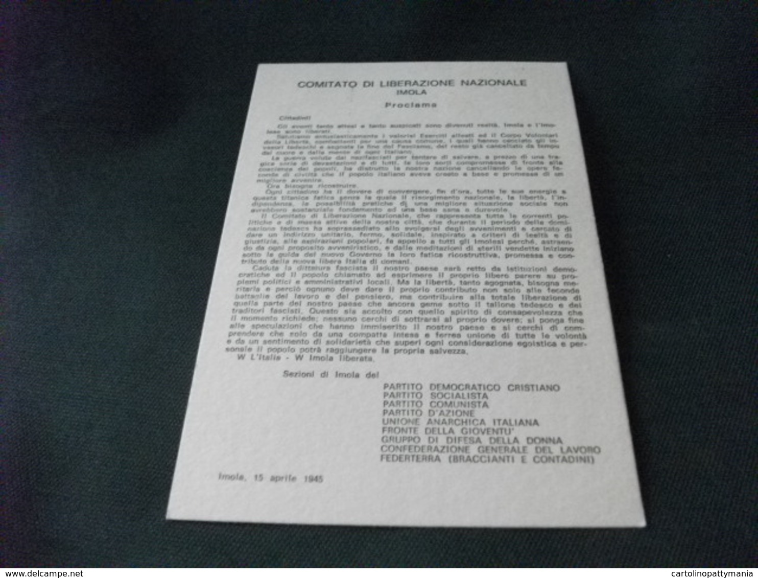 COMITATO DI LIBERAZIONE NAZIONALE IMOLA PROCLAMA PARTITO DEMOCRATICO CRISTIANO  SOCIALISTA COMUNISTA  D'AZIONE ETC 1975 - Imola