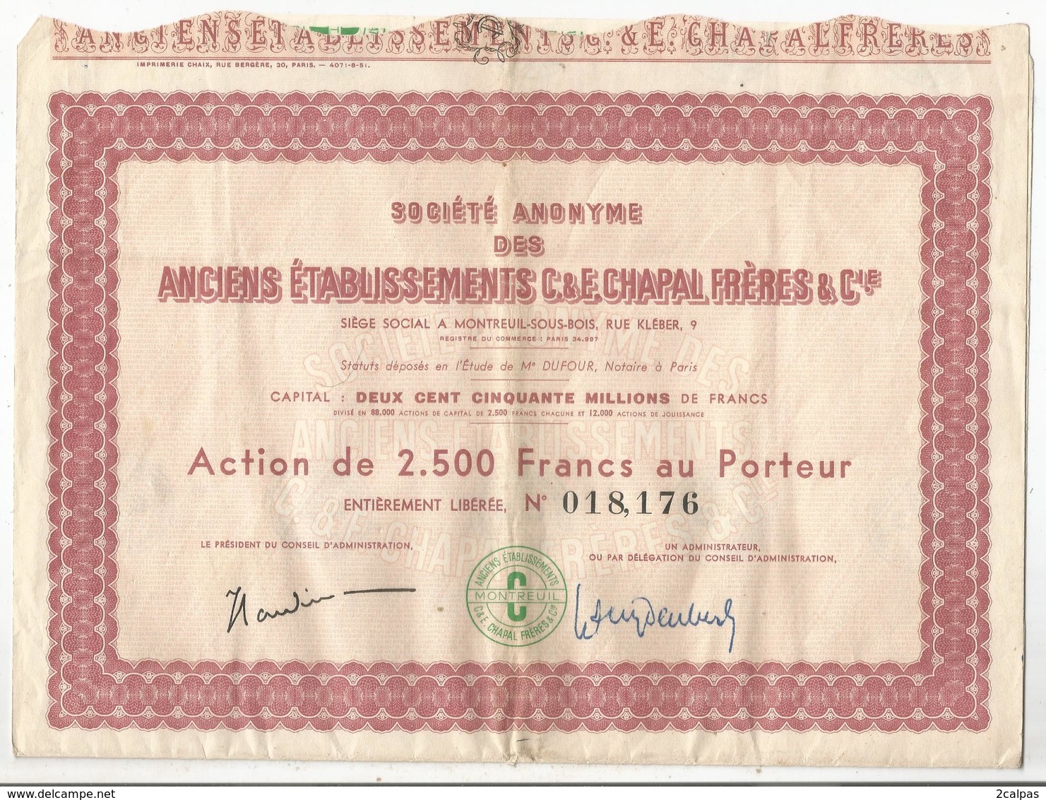 Société Anonyme Des Anciens établissements C&e Chapal Frères & Cie Montreuil Sous Bois ( Crocq Creuse ? ) + 28 Coupons - Other & Unclassified