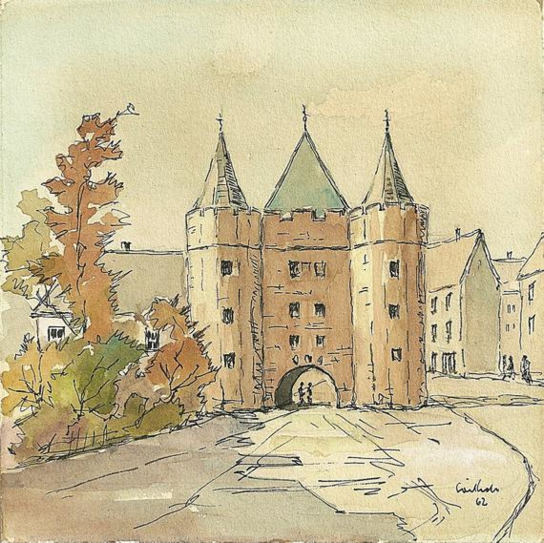 Watercolour Landscape Painting, Pen & Ink Drawings Of An Old Castle Tower Fort Gateway, Signed & Dated 1962. - Watercolours