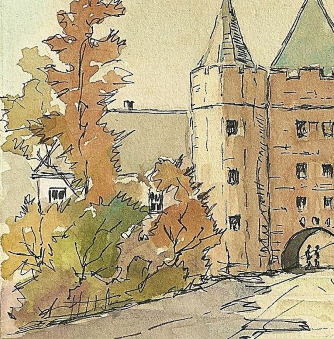 Watercolour Landscape Painting, Pen & Ink Drawings Of An Old Castle Tower Fort Gateway, Signed & Dated 1962. - Watercolours