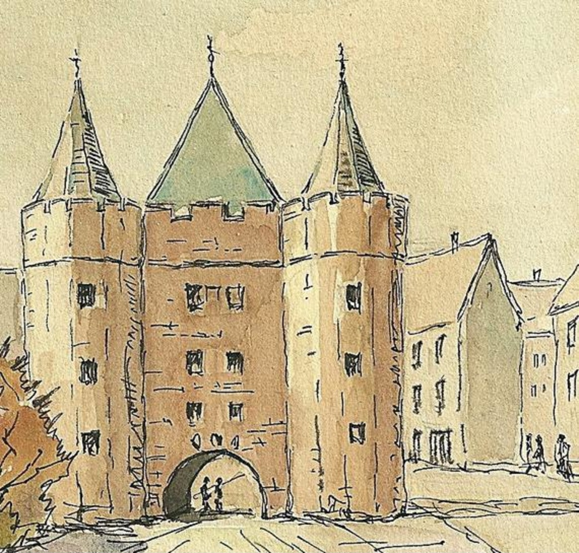 Watercolour Landscape Painting, Pen & Ink Drawings Of An Old Castle Tower Fort Gateway, Signed & Dated 1962. - Watercolours