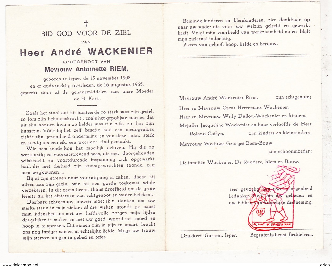 DP André Wackenier ° Ieper 1908 † 1965 X Antoinette Riem / Herremans Duflou Coffyn Bouw De Ruddere - Devotion Images