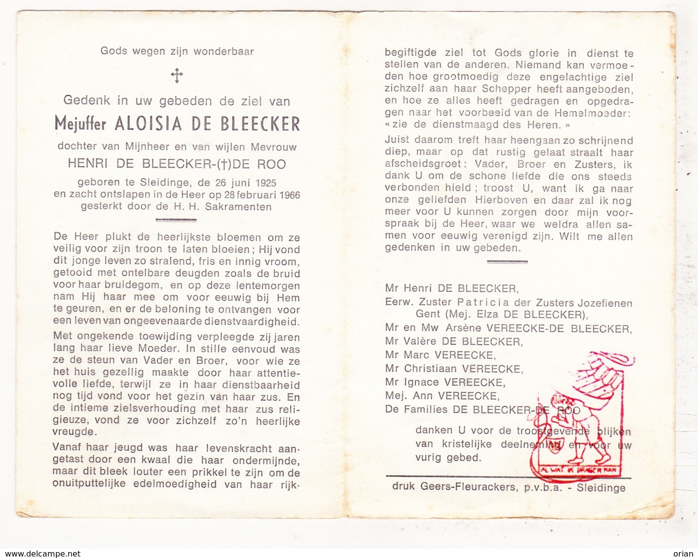 DP Aloisia De Bleecker / De Roo ° Sleidinge Evergem 1925 † 1966 / Vereecke - Devotion Images