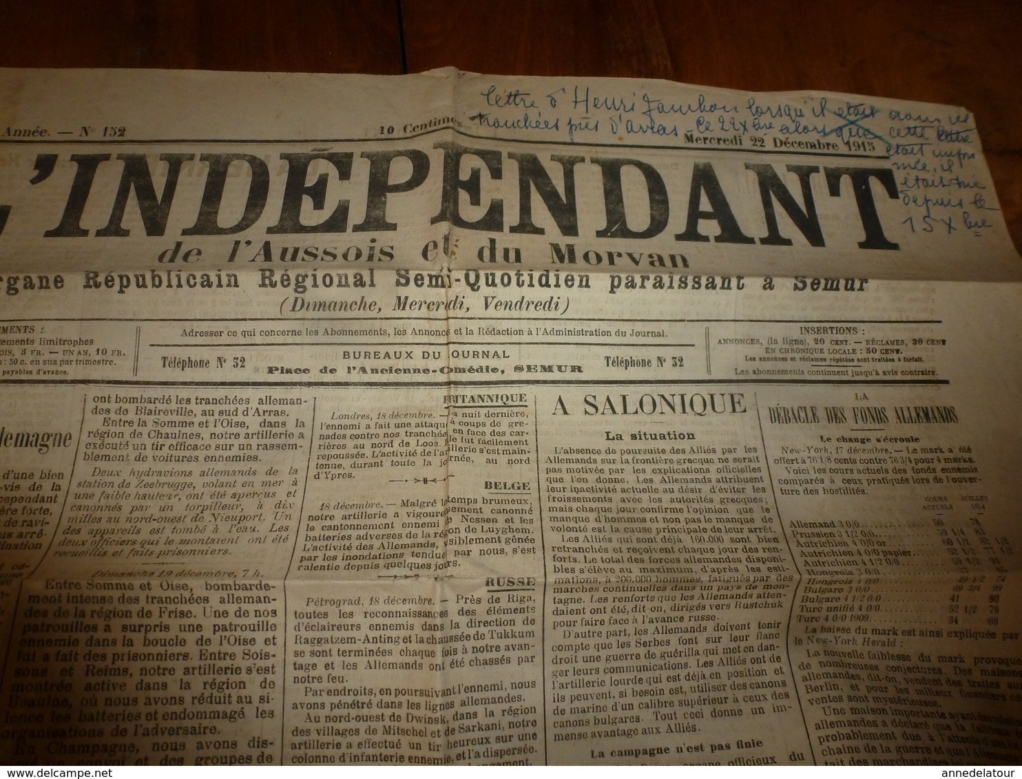 1915 L'INDEPENDANT De L'Aussois & Du Morvan :Naufrage Du Djurjura;Lettre D'Henri Jambon Depuis Les Tranchées (Arras);etc - Autres & Non Classés