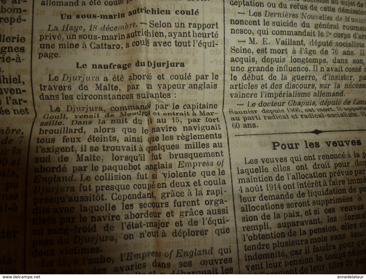 1915 L'INDEPENDANT de l'Aussois & du Morvan :Naufrage du Djurjura;Lettre d'Henri Jambon depuis les tranchées (Arras);etc