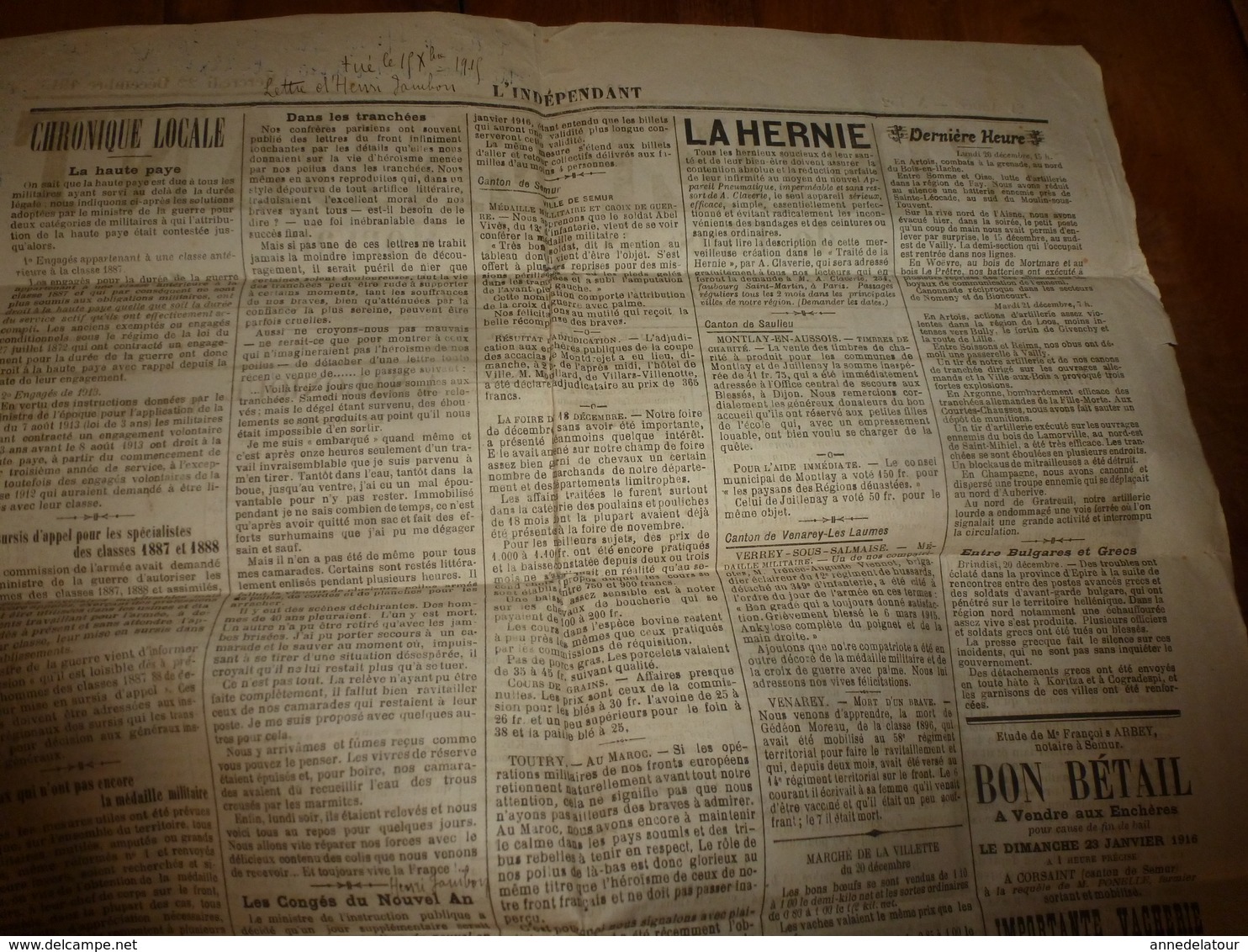 1915 L'INDEPENDANT de l'Aussois & du Morvan :Naufrage du Djurjura;Lettre d'Henri Jambon depuis les tranchées (Arras);etc