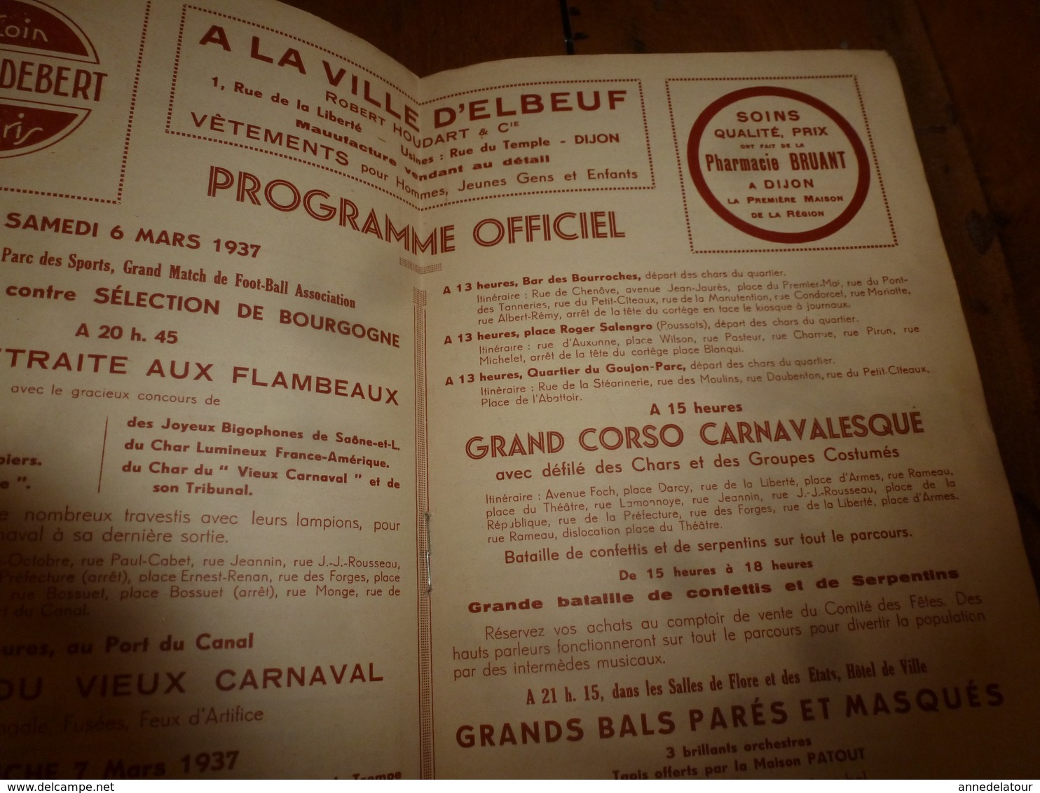 1937 FÊTES CARNAVALESQUES : Cortège de la Duchesse de Bourgogne (Mlle Suzanne Potet )  Programme officiel; etc