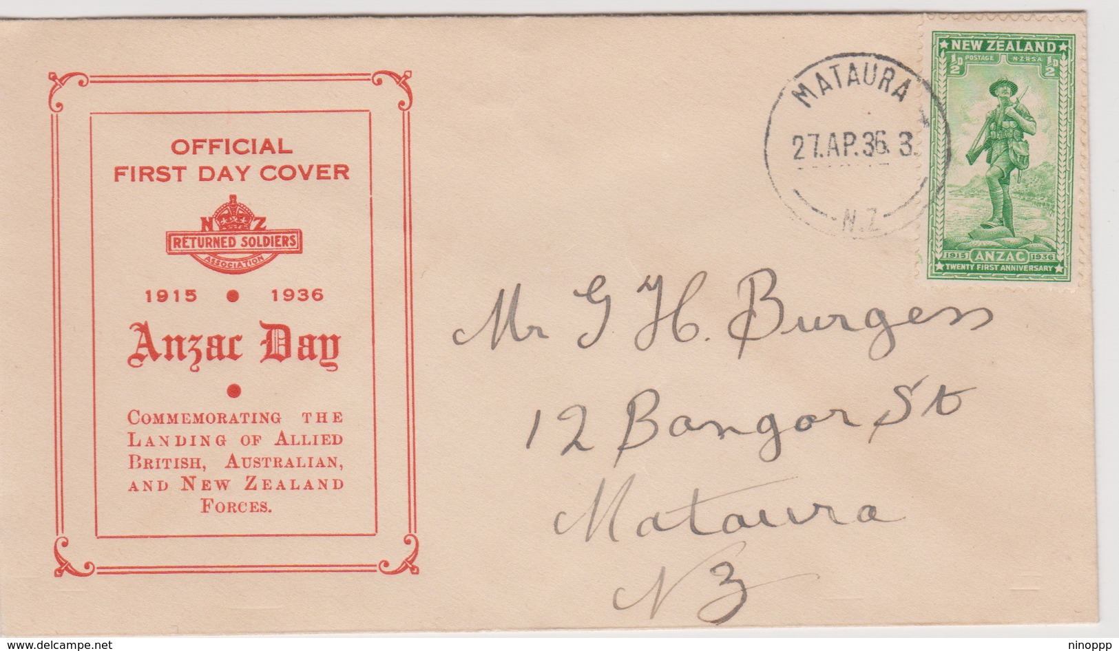 New Zealand 1936 ANZAC Half Penny Green,red Cover,FDC - FDC