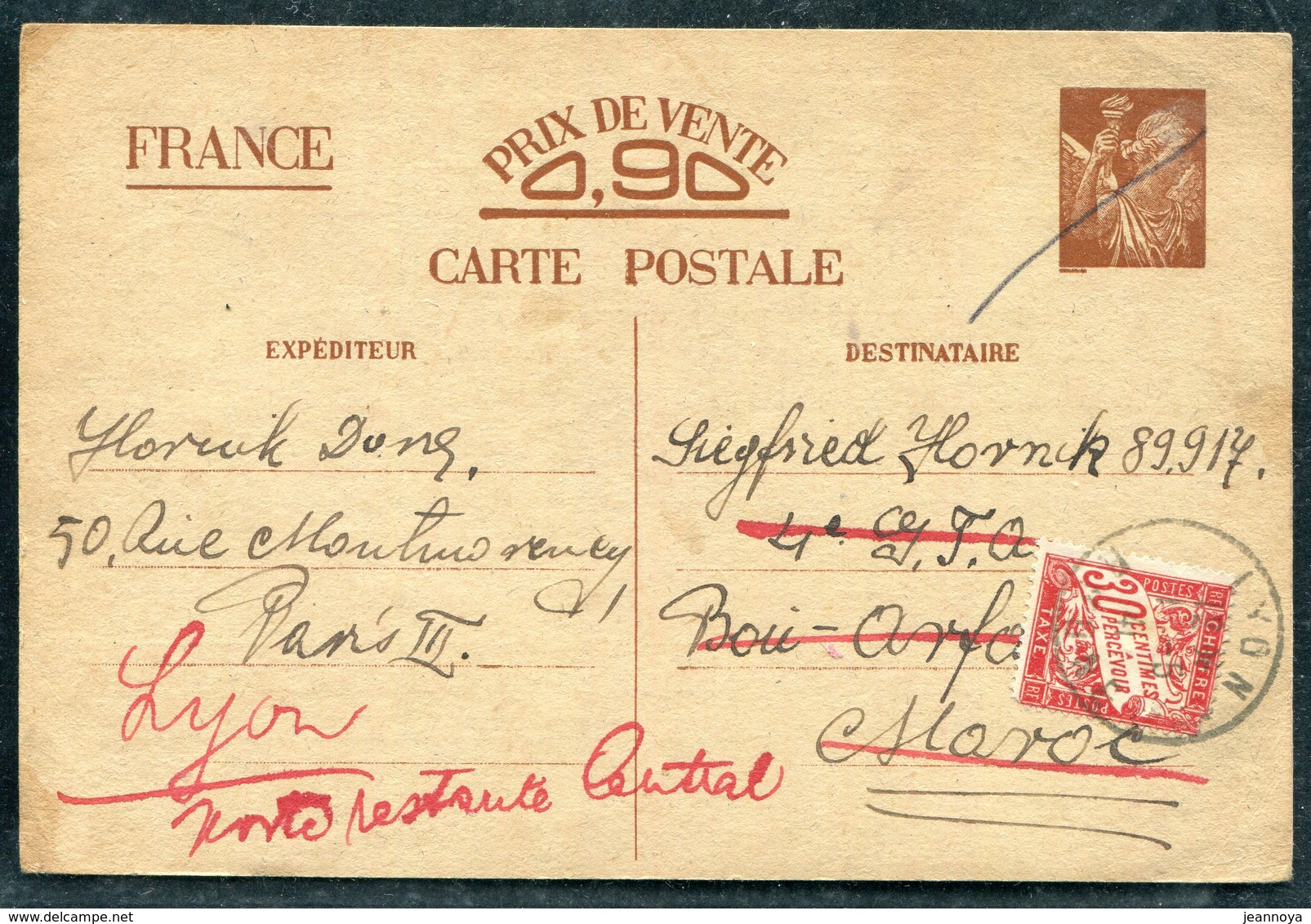 CP TYPE IRIS DE PARIS POUR LE MAROC , TAXÉE POSTE RESTANTE DE LYON LE 1/5/1941 - TB - Cartes Postales Types Et TSC (avant 1995)