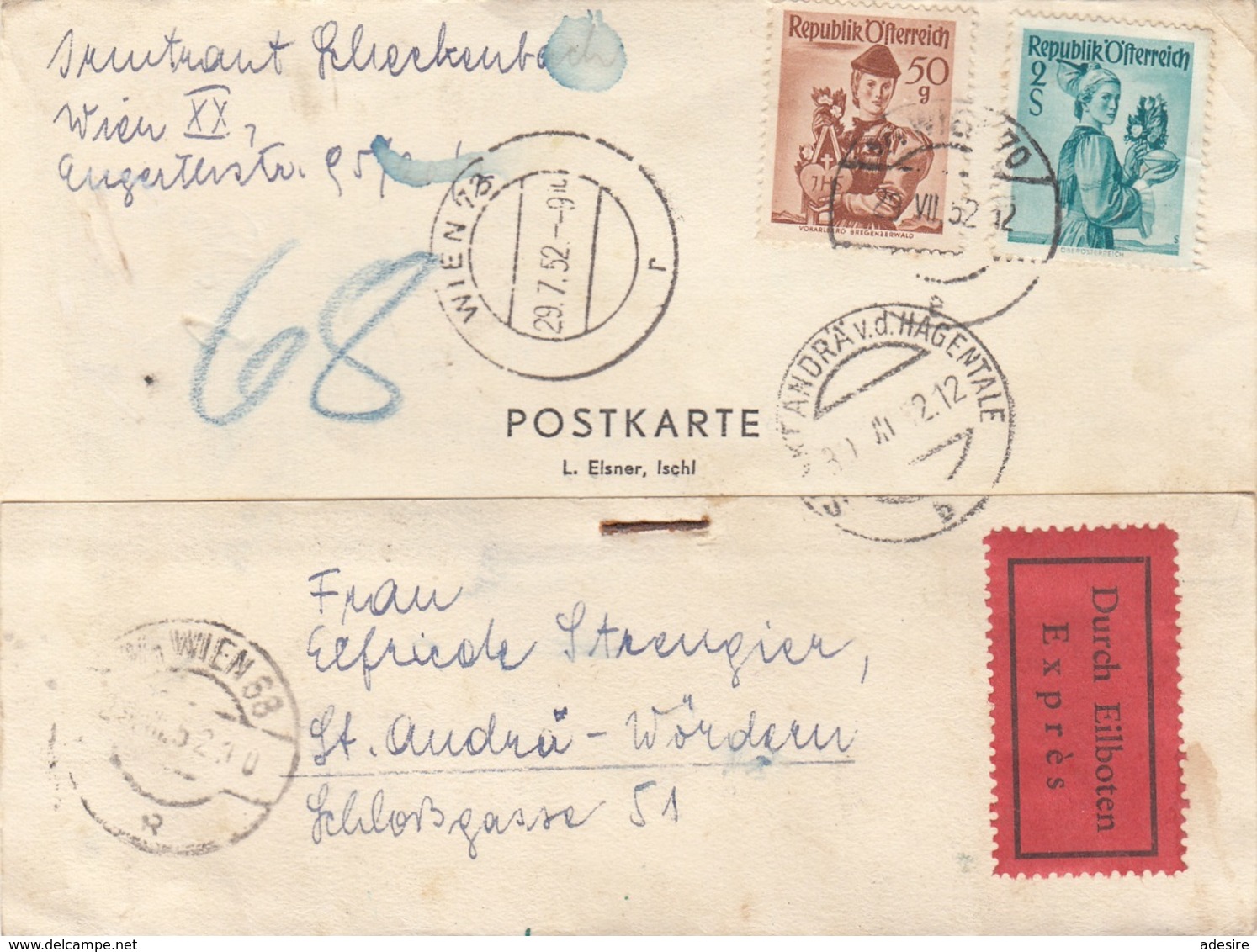 ÖSTERREICH 1952 - 50 Gro + 2 S Auf EXPRESS Pk Gel.v. Wien XX > St.Andrä-Wördern - Briefe U. Dokumente