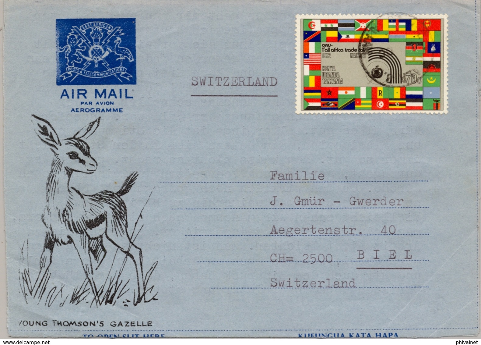 KENIA , UGANDA , TANZANIA , AEROGRAMA CIRCULADO A BIEL - Kenia (1963-...)