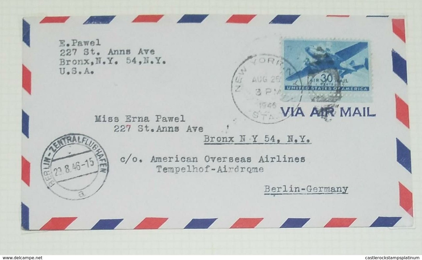 O) 1946 UNITED STATES -USA, TWIN MOTORED TRANSPORT PLANE SCT C30 30c -BERLIN ZENTRAL FLUGHAFEN-AMERICAN OVER SEAS -TEMPE - Lettres & Documents