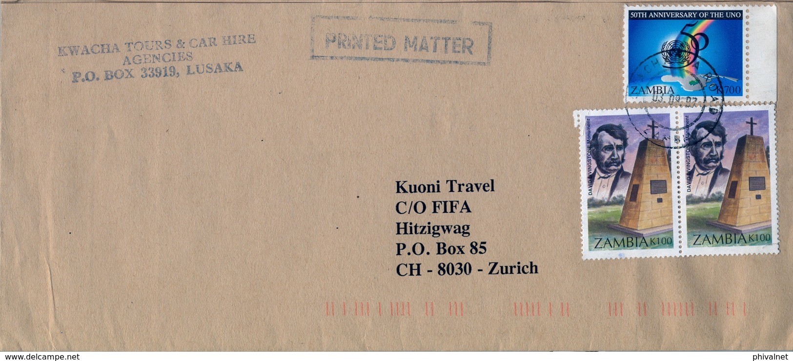 1997 , ZAMBIA , SOBRE CIRCULADO A ZÜRICH, LIVINGSTONE , NACIONES UNIDAS - Zambia (1965-...)