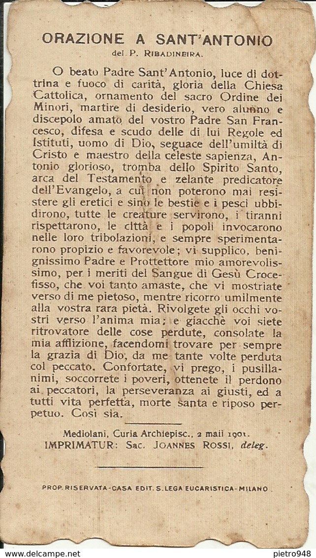 Santino Di "Sant'Antonio Di Padova Con Gesù Bambino" Anno 1901 - Santini